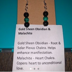 Good sheen obsidian and malachite chakra earrings